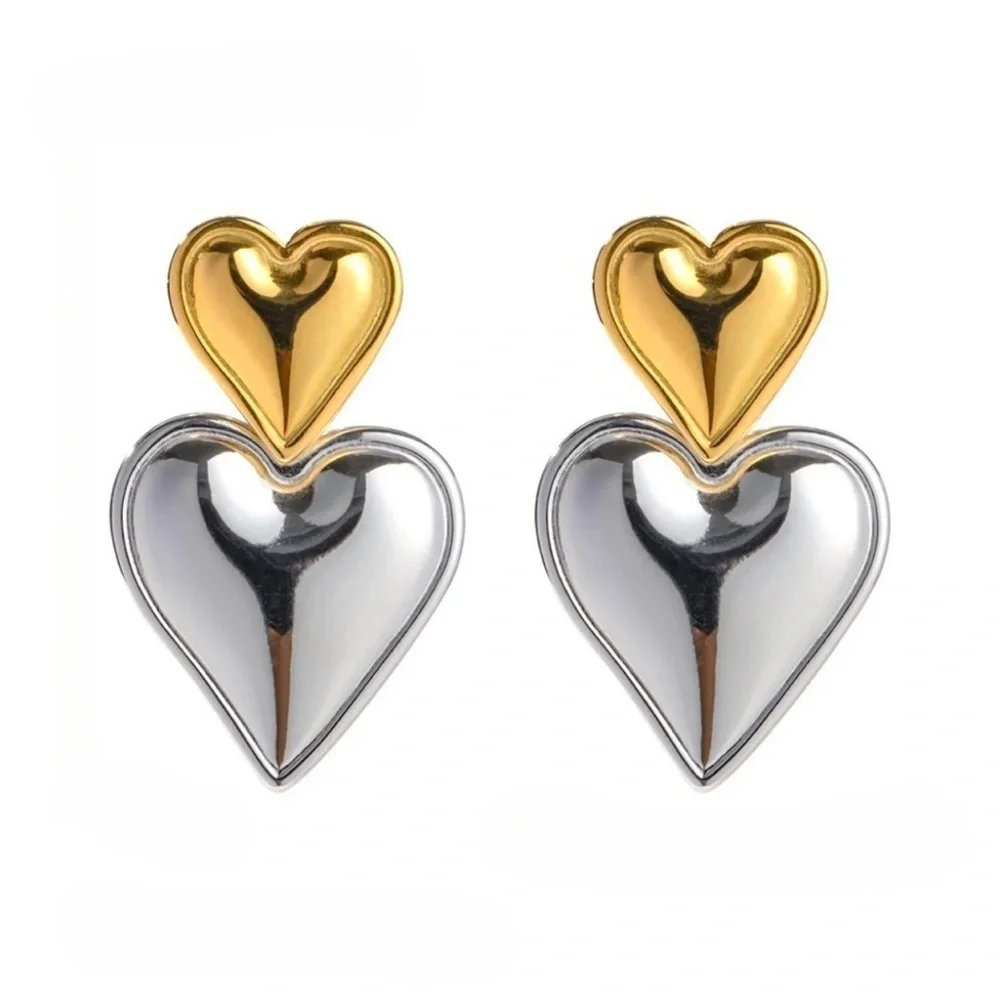 Bicolor Double Heart Earrings*Minimalist Earrings*Waterproof*Tarnish Free - Picture 3 of 3